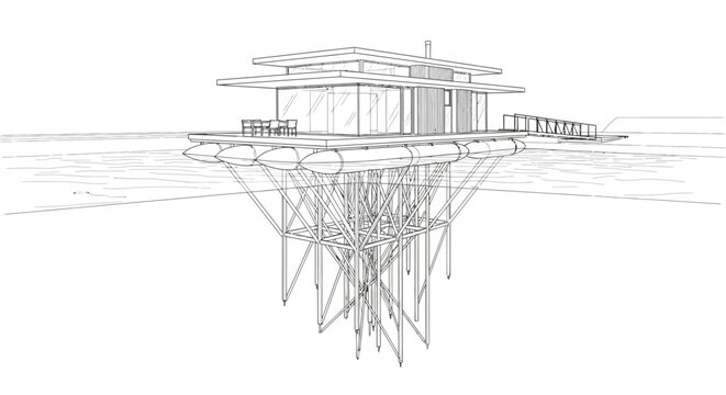 Architectural sketch of a modern floating house with a complex underwater support structure on calm water.
