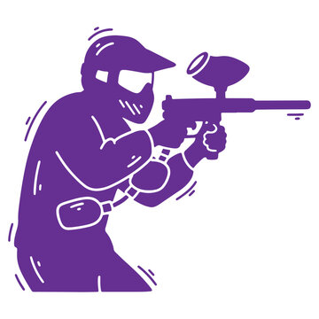 Paintball Player in Action Silhouette  Purple Paintball Gun and Protective Gear