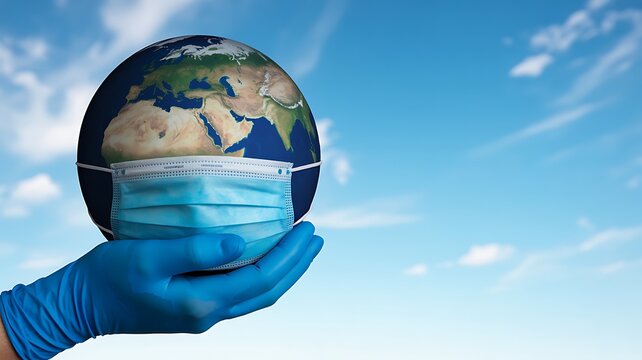 Globe wearing a medical face mask held by a gloved hand under a blue sky