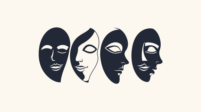 Four stylized masks in a row, with alternating black and white color blocking