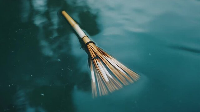 Floating Bamboo Whisk Drifting Across Turquoise Water In Slow Motion.