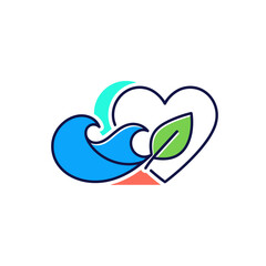 Obraz premium Eco Ocean Heart Logo with Waves and Leaves Illustration