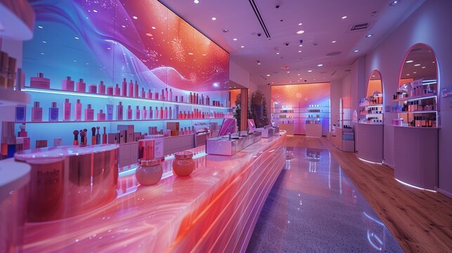 A sleek and modern beauty counter with holographic displays showcasing makeup products in a retail store setting.