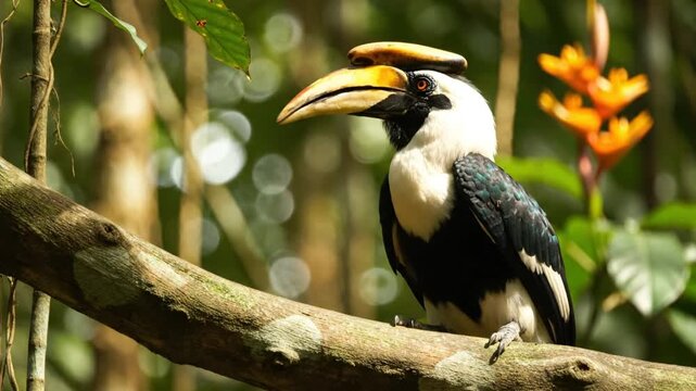 Oriental pied hornbill perched on a tree branch with bright orange flowers, wildlife in the jungle