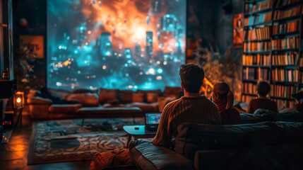 Naklejka premium A group of people watch a holographic projection of a futuristic cityscape during a book club meeting in a cozy living room.
