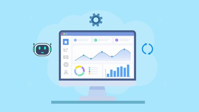 Flat vector animation of a desktop analytics dashboard with charts, robot, gear, and refresh icons. Concept of automation, system control, and optimized business workflows.