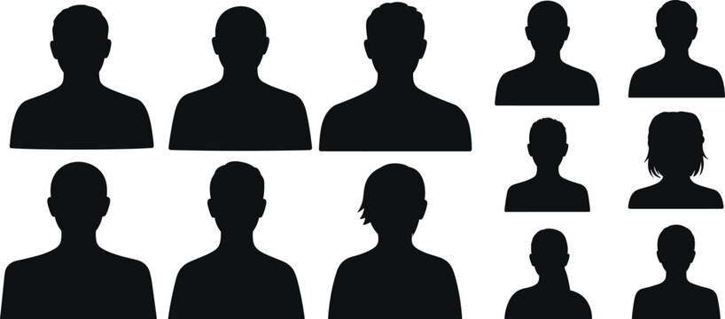 Set of human silhouette avatars in front view showing diverse male and female users, anonymous profiles, and generic social media icons