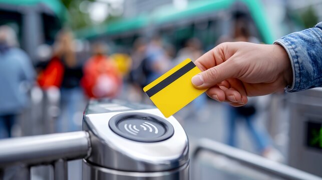 Person tapping a contactless card on a tram fare gate in an urban outdoor setting