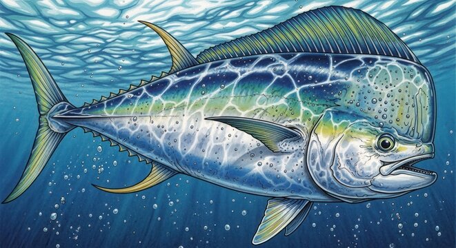 Vibrant Mahi Mahi Dolphin Fish Underwater Illustration