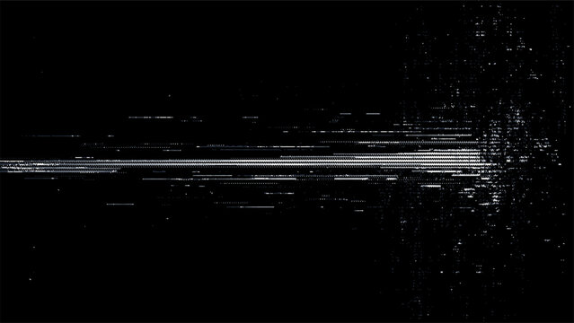 Abstract glitch background with white digital distortion lines on black screen. Cyber network interference effect and corrupted data stream. Technology texture for futuristic design.