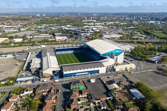 Leeds UK, 22nd April 2026: Aerial perspective of Elland Road stadium in Leeds with Leeds United ground surrounded by housing roads and industrial buildings viewed from above in the spring season
