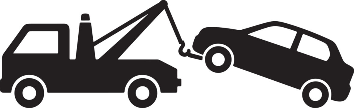 Tow truck service pulling broken passenger vehicle icon.