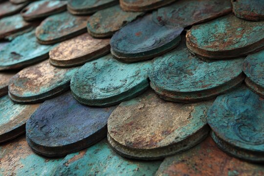 Oxidized copper roof tiles with heavy green and blue patina texture.