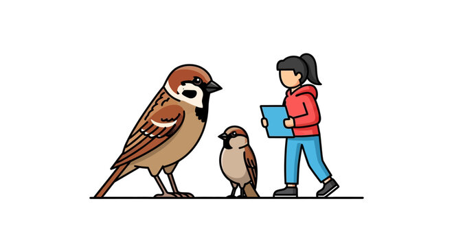 Illustration of a person observing two sparrows with a clipboard.