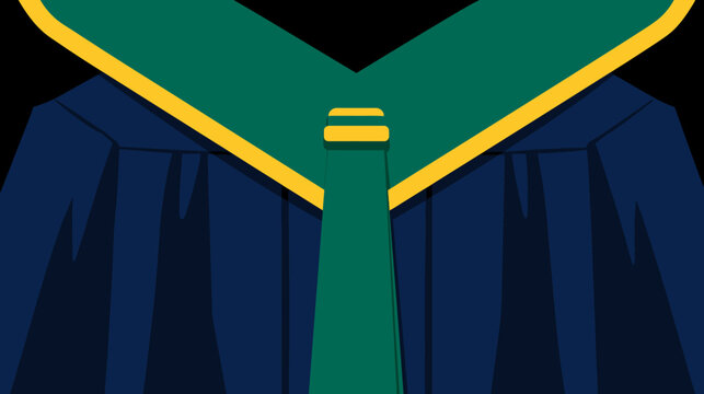 A graduation gown with a green and yellow collar and a tie. The robe is dark blue