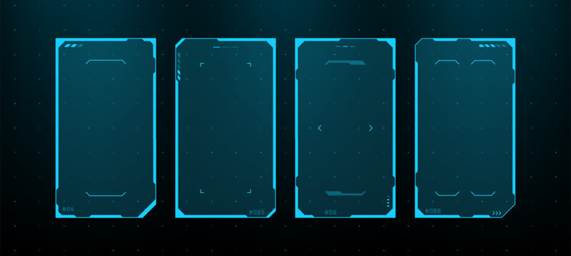 Set of blue hud vector frames for interface design. Sci-fi digital screen elements with data displays and tech borders. Futuristic computing system template for software development.