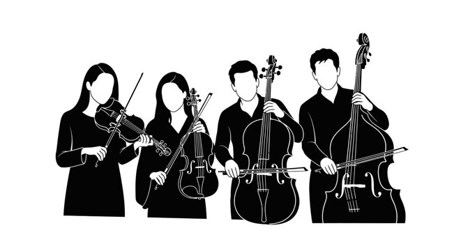 String quartet performing classical music in silhouette graphic illustration