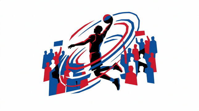 Abstract illustration of a basketball player dunking with a cheering crowd