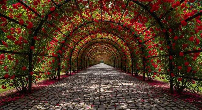 A picturesque, flower-covered arborway with a cobblestone path, adorned with red flowers and green leaves