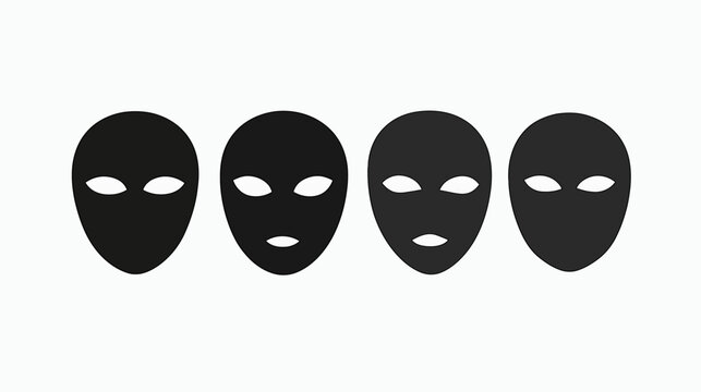 Four black alien-like mask silhouettes with white eyes and small mouth details