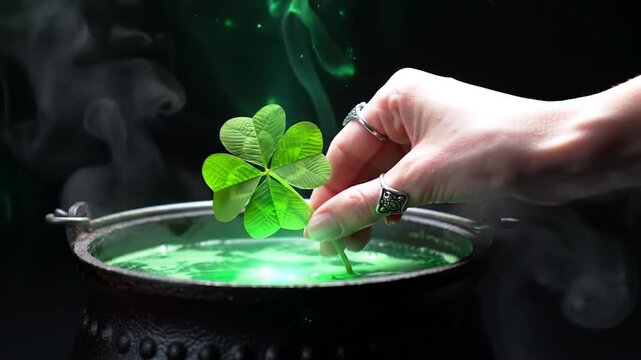 Hand dipping a lucky four leaf clover into a glowing green potion inside a witch cauldron