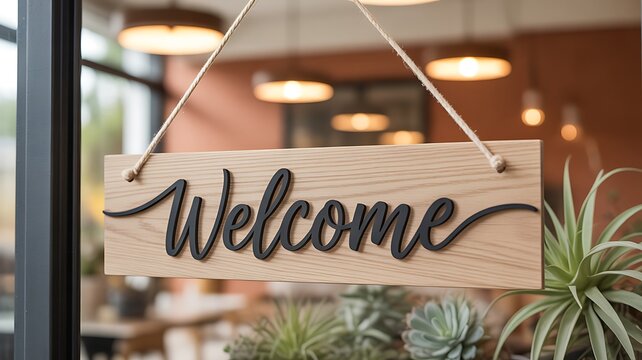 Wooden welcome sign hanging on glass door with plants background