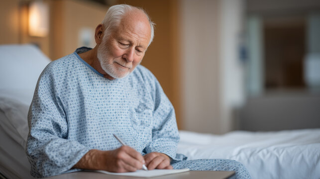 Frail elderly man in hospital gown sitting on bed edge, adult son filling out discharge forms at bedside table, sterile white background, fluorescent overhead, elder advocacy, patient confusion, hos
