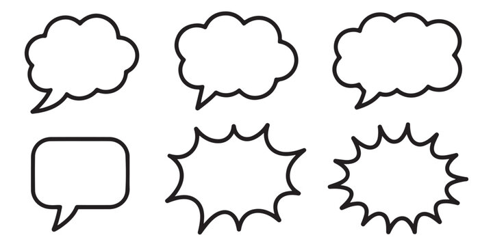 Set of diverse hand drawn speech bubbles and thought clouds in thick outline style for comic storytelling messaging and creative design communication art.