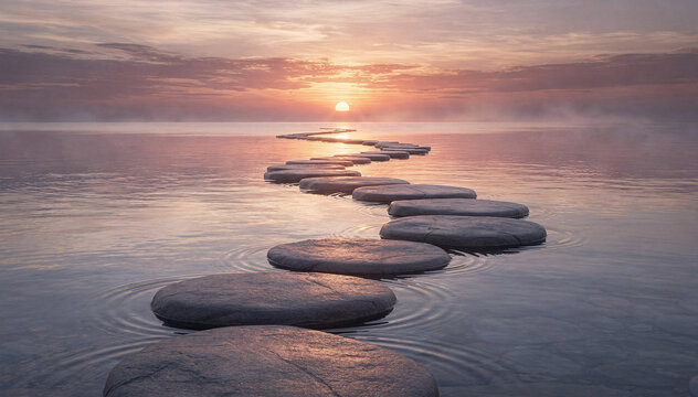 Zen smooth stone path on calm water at a tranquil sunset or sunrise
