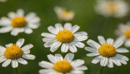 Fototapeta premium Multiple White and Yellow Daisy Flowers Bloom in a Lush Green Garden Field