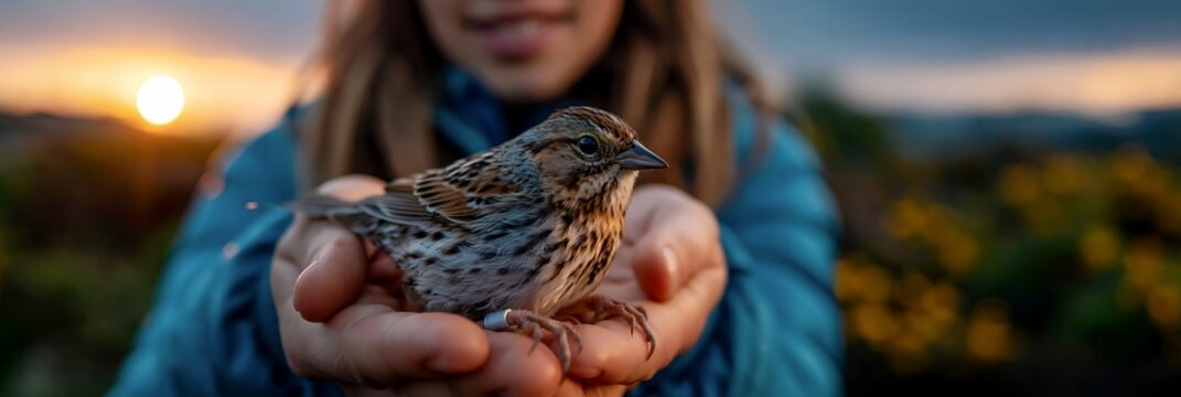 Bird migration research with biologist banding a songbird at sunrise