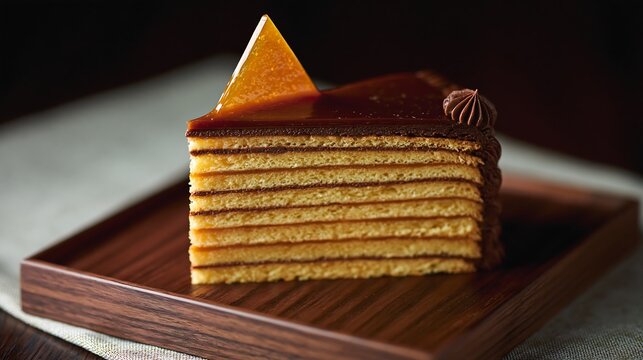 Slice of traditional Dobos torte cake with chocolate and caramel