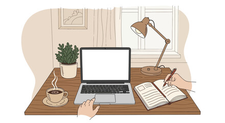 Obraz premium Cozy Home Office Setup: Laptop, Coffee, Notebook, and Desk Lamp for Productive Work