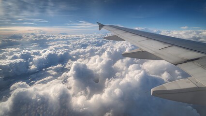 Obraz premium Airplane wing above clouds during flight with blue sky horizon. Travel aviation view ideal for journey, tourism, and transportation concepts.
