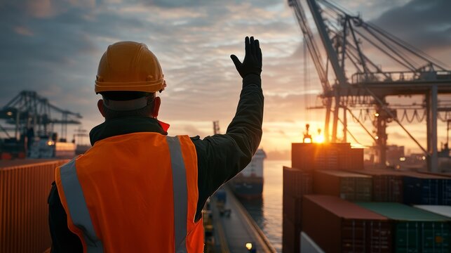 Industrial worker waving goodbye at sunset port photography maritime environment silhouette viewpoint labor concept