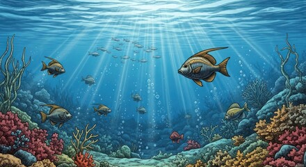 Fototapeta premium Underwater scene with coral reef, fish swimming, sun rays through water