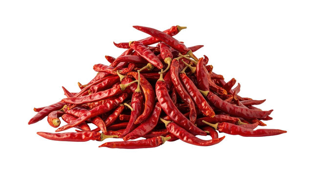 Dried red chili peppers pile, spicy hot bird's eye chilies isolated on white background, heap of dehydrated organic chili pods for cooking