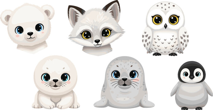 Kawaii Winter Animal Characters Vector Set Featuring Polar Bear, Arctic Fox, Snowy Owl, Seal, and Penguin for Kids Illustrations