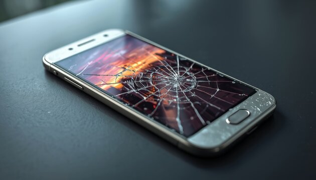This is an image of a broken cell phone on a table