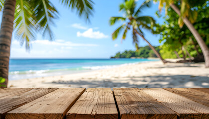 Fototapeta premium Sunny tropical beach with palm trees and wooden deck foreground.
