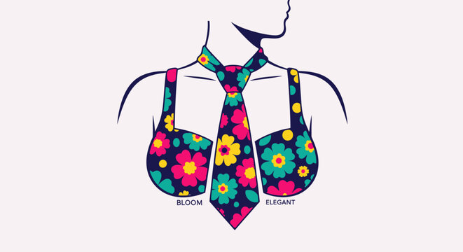 Artistic Floral Tie and Bra Design with Colorful Flower Patterns.