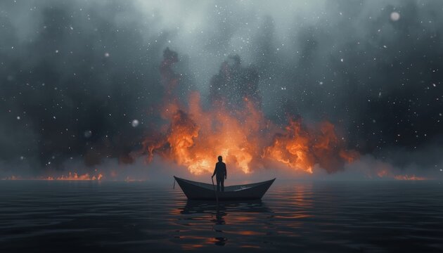 There is a man that is standing in a boat in the water