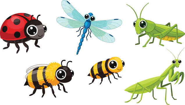 Kawaii Insect Characters Vector Set Featuring Ladybug, Dragonfly, Bee, and Grasshopper for Kids Illustrations