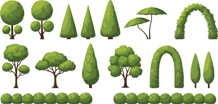 Decorative Garden Trees and Bushes Set with Topiary, Hedges, and Landscape Elements for Vector Illustration.