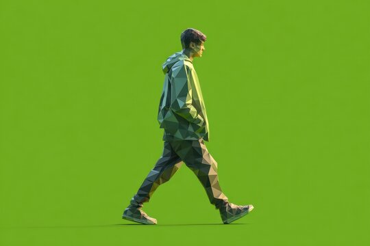 Low-poly man walking, light olive green