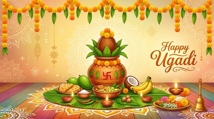 Naklejka premium Happy Ugadi, New Year's Day according to the Hindu calendar - banner template design including Kalash, banana leaf, green mango, flowers, rangoli and diya. 
