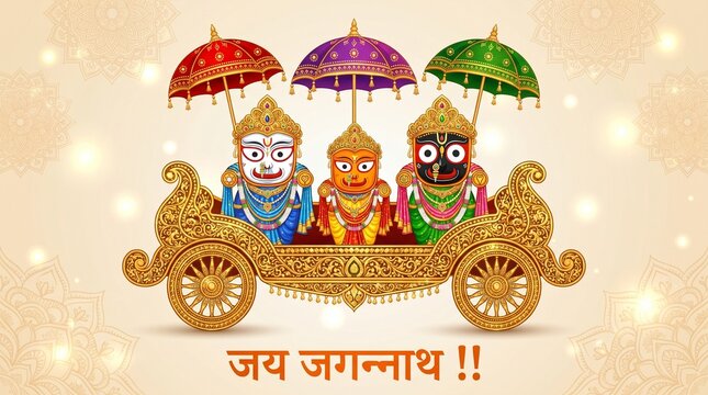 Jagannath Rath Yatra divine chariot with Balabhadra Subhadra and Jagannath idols under decorative umbrellas showing hindu festival devotion culture and spiritual heritage of