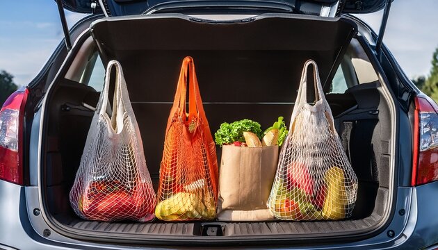 groceries unloaded from insulated bags in parked car trunk sustainability