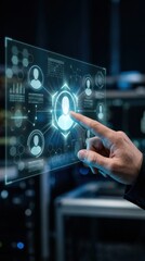 Fototapeta premium Man touching virtual screen for digital identity verification. Facial recognition system scanning user data. Cyber security technology, personal access control and biometric authentication.