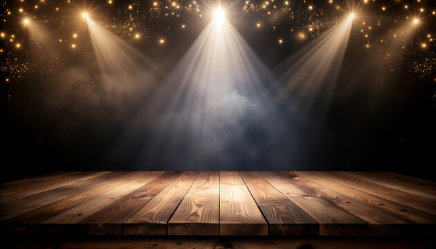 Empty wooden theater stage under dramatic spotlights.